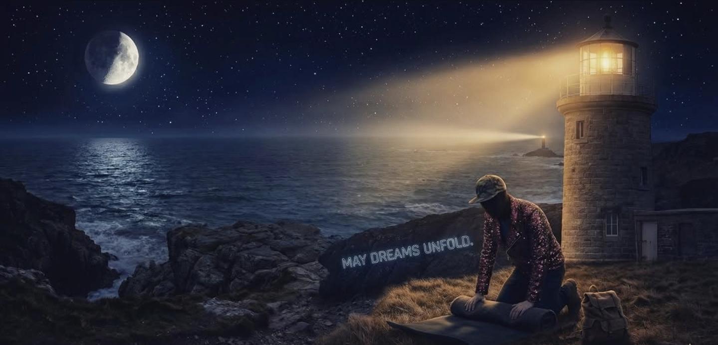 A figure unrolling a mat on a clifftop beneath a lighthouse at night, the words May Dreams Unfold written in light across the grass