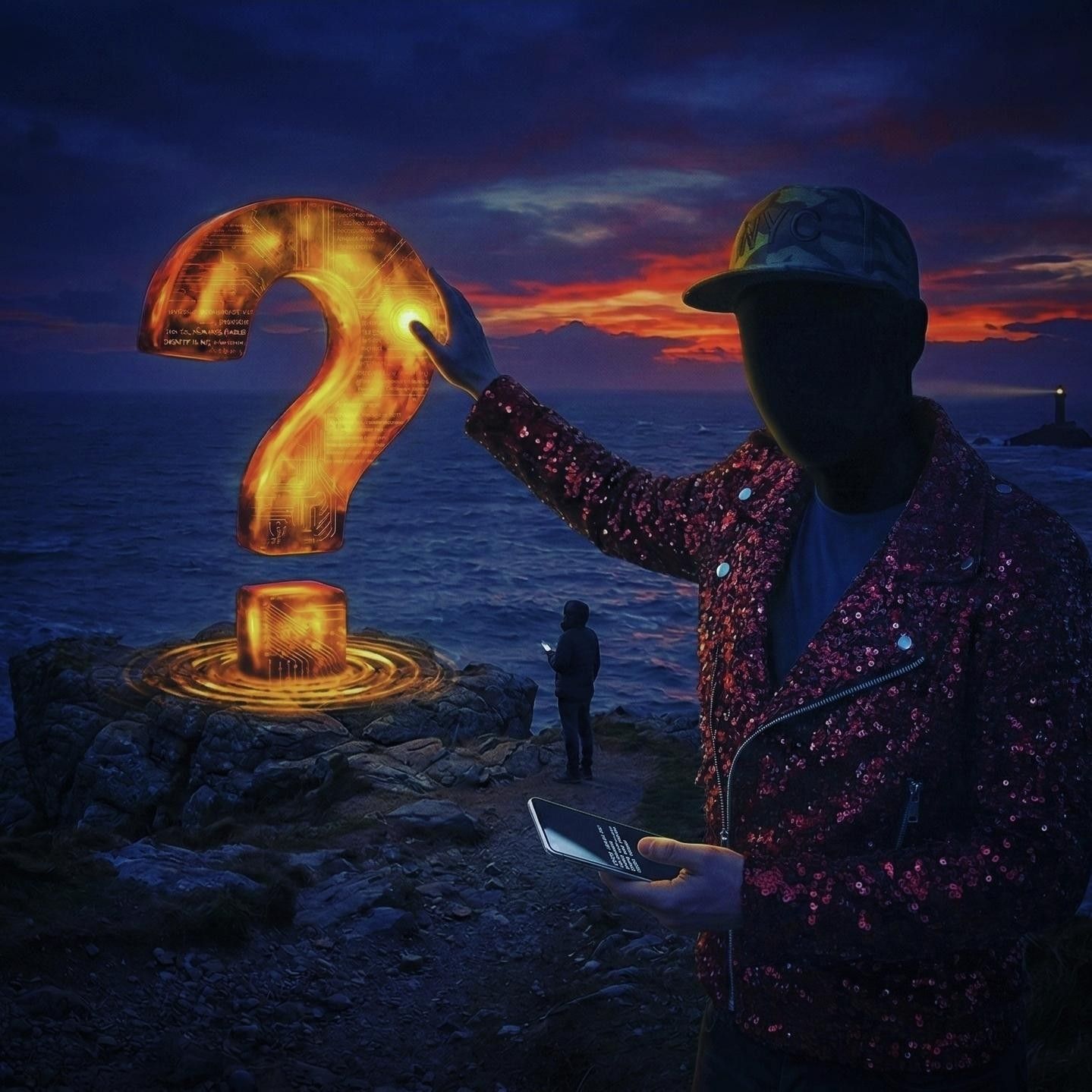 A figure in a sequinned jacket reaching toward a glowing question mark above a clifftop at dusk