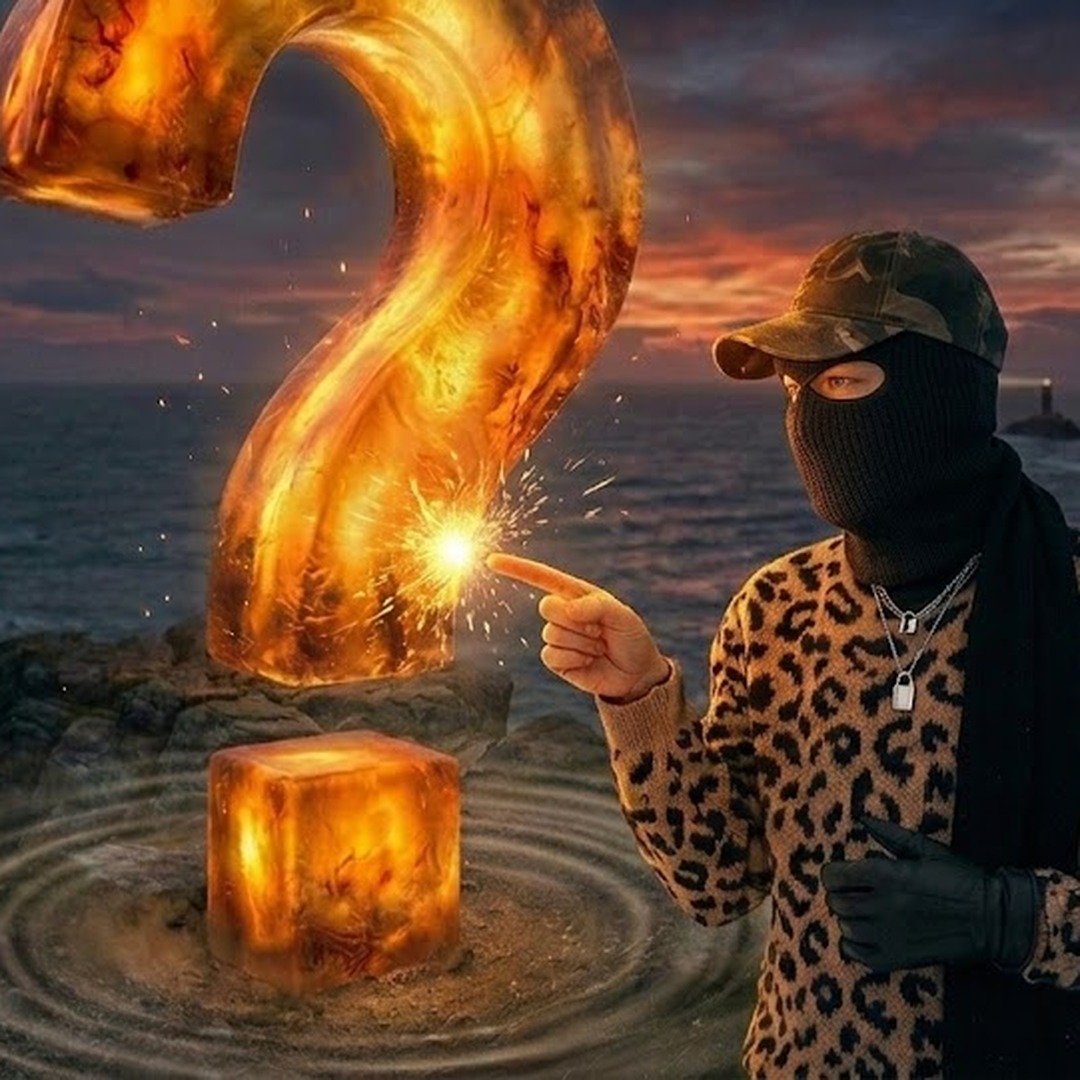 A masked figure touching a burning question mark that throws sparks, the sea behind